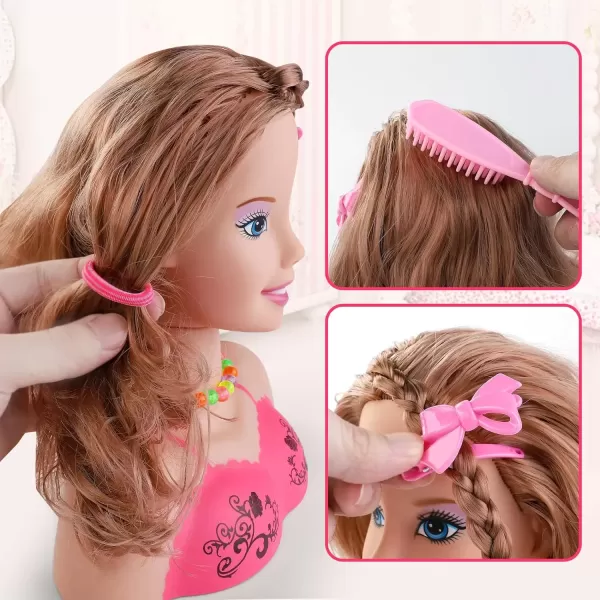 imageMakeup and Hair Styling Doll Head Toy Kit  Kids Pretend Play Set with Real Washable Cosmetics and Style Accessories for Little Girls