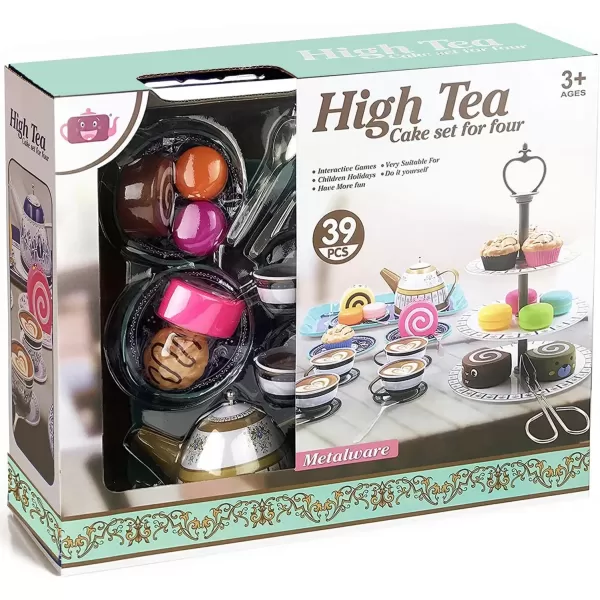 image39 Piece Princess Tea Party Set for Little Girls  Afternoon Tin Metal Tea Set with 3 Tier Party Cake Stand Vintage Design Play Food Dessert Accessories Teapot Saucers and Tea Cups for Kids