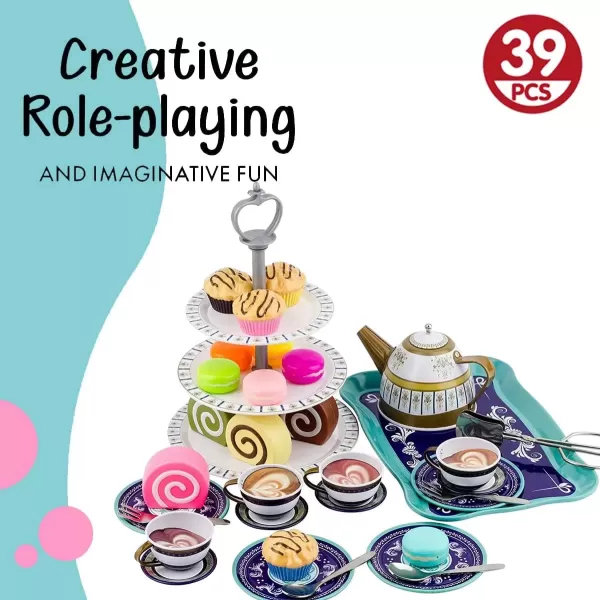 image39 Piece Princess Tea Party Set for Little Girls  Afternoon Tin Metal Tea Set with 3 Tier Party Cake Stand Vintage Design Play Food Dessert Accessories Teapot Saucers and Tea Cups for Kids