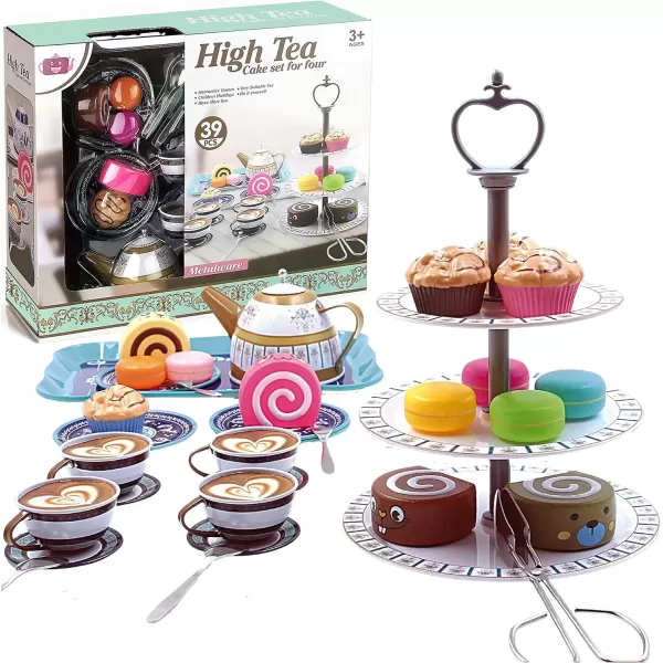 image39 Piece Princess Tea Party Set for Little Girls  Afternoon Tin Metal Tea Set with 3 Tier Party Cake Stand Vintage Design Play Food Dessert Accessories Teapot Saucers and Tea Cups for Kids