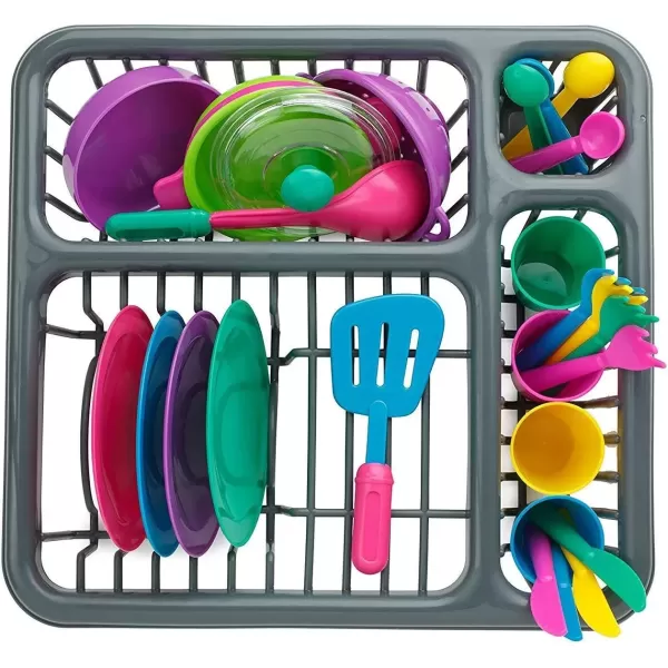 imageKids Pretend Play Dishes Childrens Kitchen Playset  Wash and Dry Tableware Dish Rack Toy with Drainer Cups Pots Utensils 28 Pieces