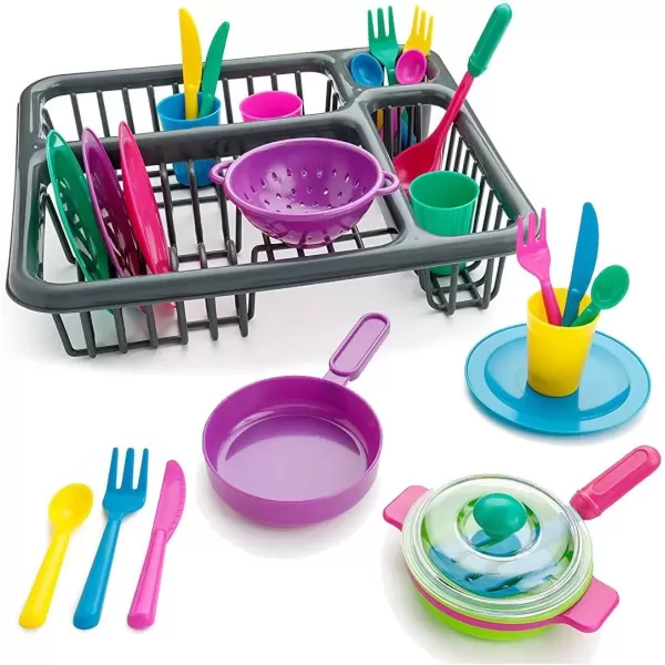 imageKids Pretend Play Dishes Childrens Kitchen Playset  Wash and Dry Tableware Dish Rack Toy with Drainer Cups Pots Utensils 28 Pieces