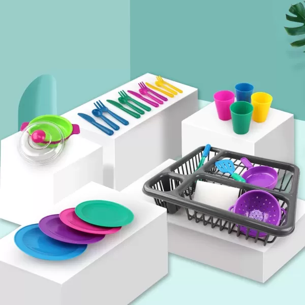 imageKids Pretend Play Dishes Childrens Kitchen Playset  Wash and Dry Tableware Dish Rack Toy with Drainer Cups Pots Utensils 28 Pieces