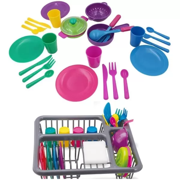 imageKids Pretend Play Dishes Childrens Kitchen Playset  Wash and Dry Tableware Dish Rack Toy with Drainer Cups Pots Utensils 28 Pieces
