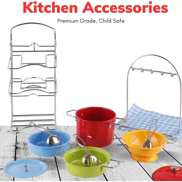 imageLiberty Imports 14 PCS Kids Stainless Steel Toy Pots and Pans with Pot Rack Organizer Pretend Play Kitchen Accessories Set  Metal Cookware Playset for Toddlers