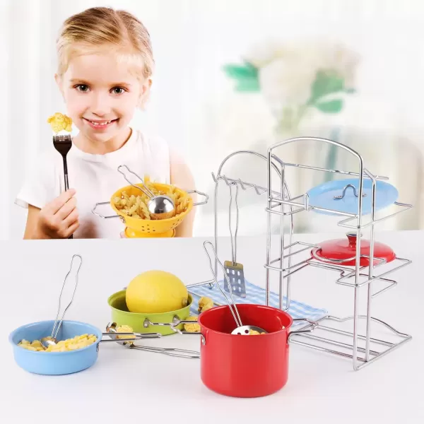 imageLiberty Imports 14 PCS Kids Stainless Steel Toy Pots and Pans with Pot Rack Organizer Pretend Play Kitchen Accessories Set  Metal Cookware Playset for Toddlers