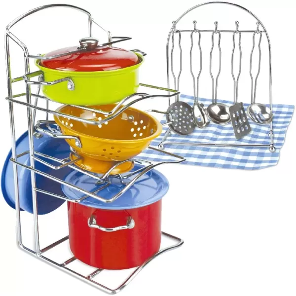 imageLiberty Imports 14 PCS Kids Stainless Steel Toy Pots and Pans with Pot Rack Organizer Pretend Play Kitchen Accessories Set  Metal Cookware Playset for Toddlers