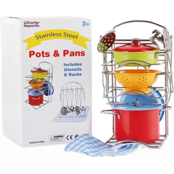imageLiberty Imports 14 PCS Kids Stainless Steel Toy Pots and Pans with Pot Rack Organizer Pretend Play Kitchen Accessories Set  Metal Cookware Playset for Toddlers