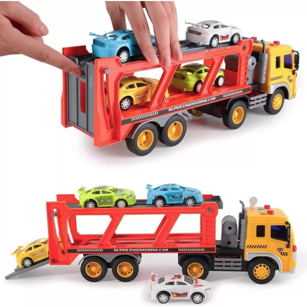 imageLiberty Imports Friction Powered Transport Car Carrier Truck Kids Toy  Heavy Duty Auto Transporter Trailer with Lights Sound Effects and Ramp Includes 4 Removable Cars