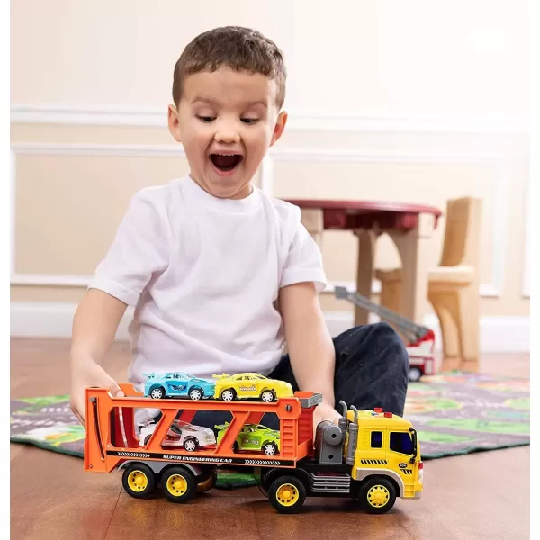 imageLiberty Imports Friction Powered Transport Car Carrier Truck Kids Toy  Heavy Duty Auto Transporter Trailer with Lights Sound Effects and Ramp Includes 4 Removable Cars