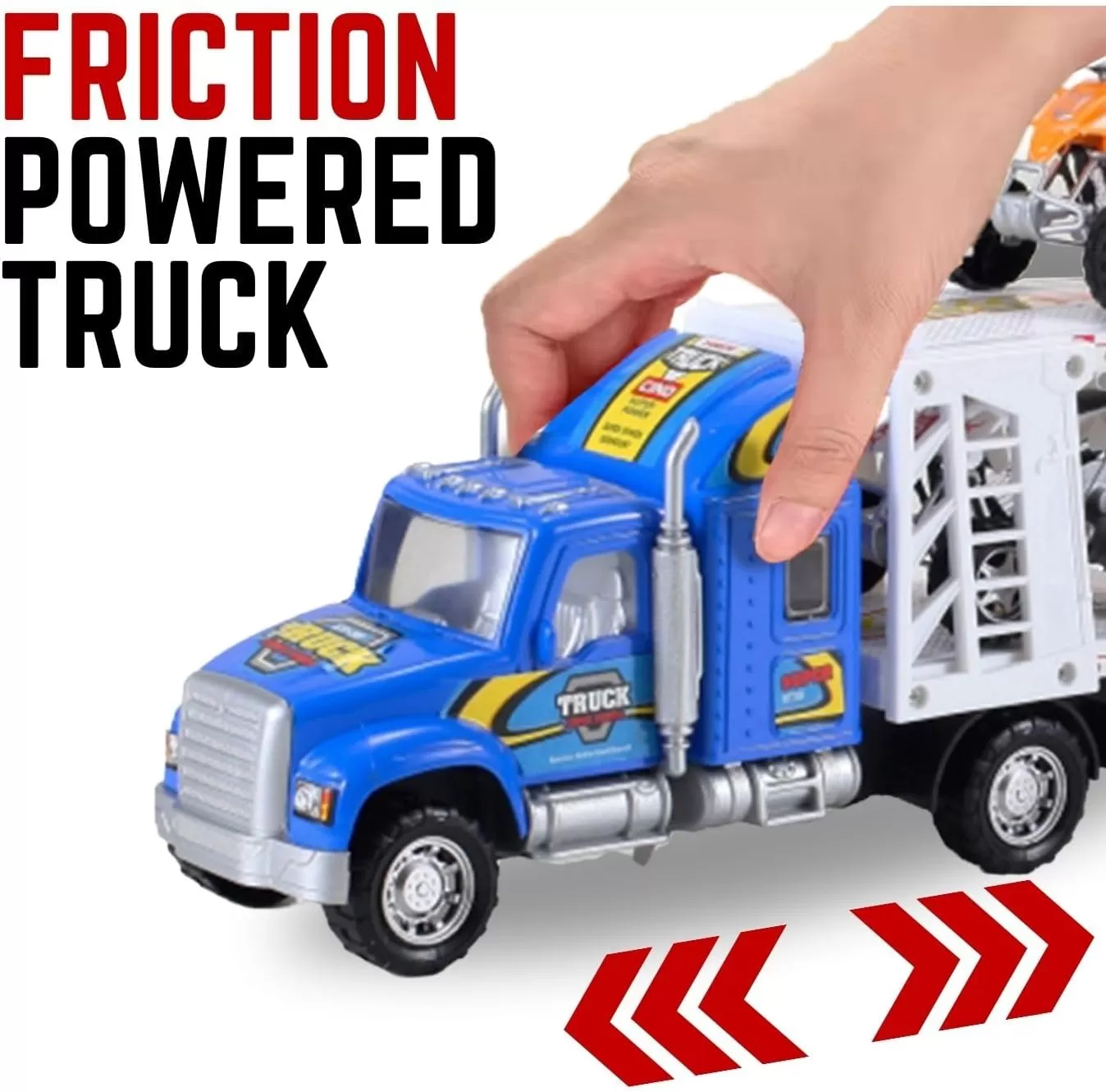 imageAuto Hauler Big Rig Toy Semi Truck Car Carrier Transporter Trailer 148 Scale Friction Powered Wheeler Vehicle with 4 ATVs Dirt Bike Assorted Colors