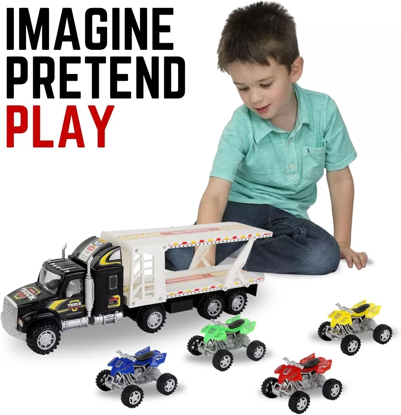 imageAuto Hauler Big Rig Toy Semi Truck Car Carrier Transporter Trailer 148 Scale Friction Powered Wheeler Vehicle with 4 ATVs Dirt Bike Assorted Colors