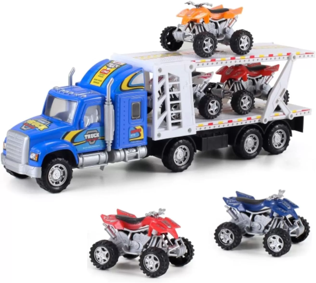 imageAuto Hauler Big Rig Toy Semi Truck Car Carrier Transporter Trailer 148 Scale Friction Powered Wheeler Vehicle with 4 ATVs Dirt Bike Assorted Colors