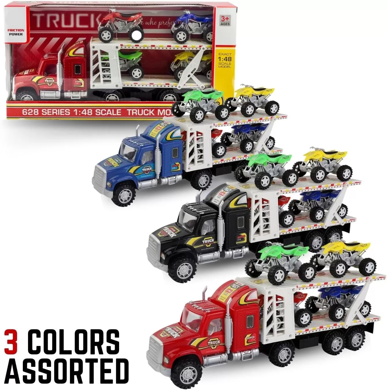 imageAuto Hauler Big Rig Toy Semi Truck Car Carrier Transporter Trailer 148 Scale Friction Powered Wheeler Vehicle with 4 ATVs Dirt Bike Assorted Colors