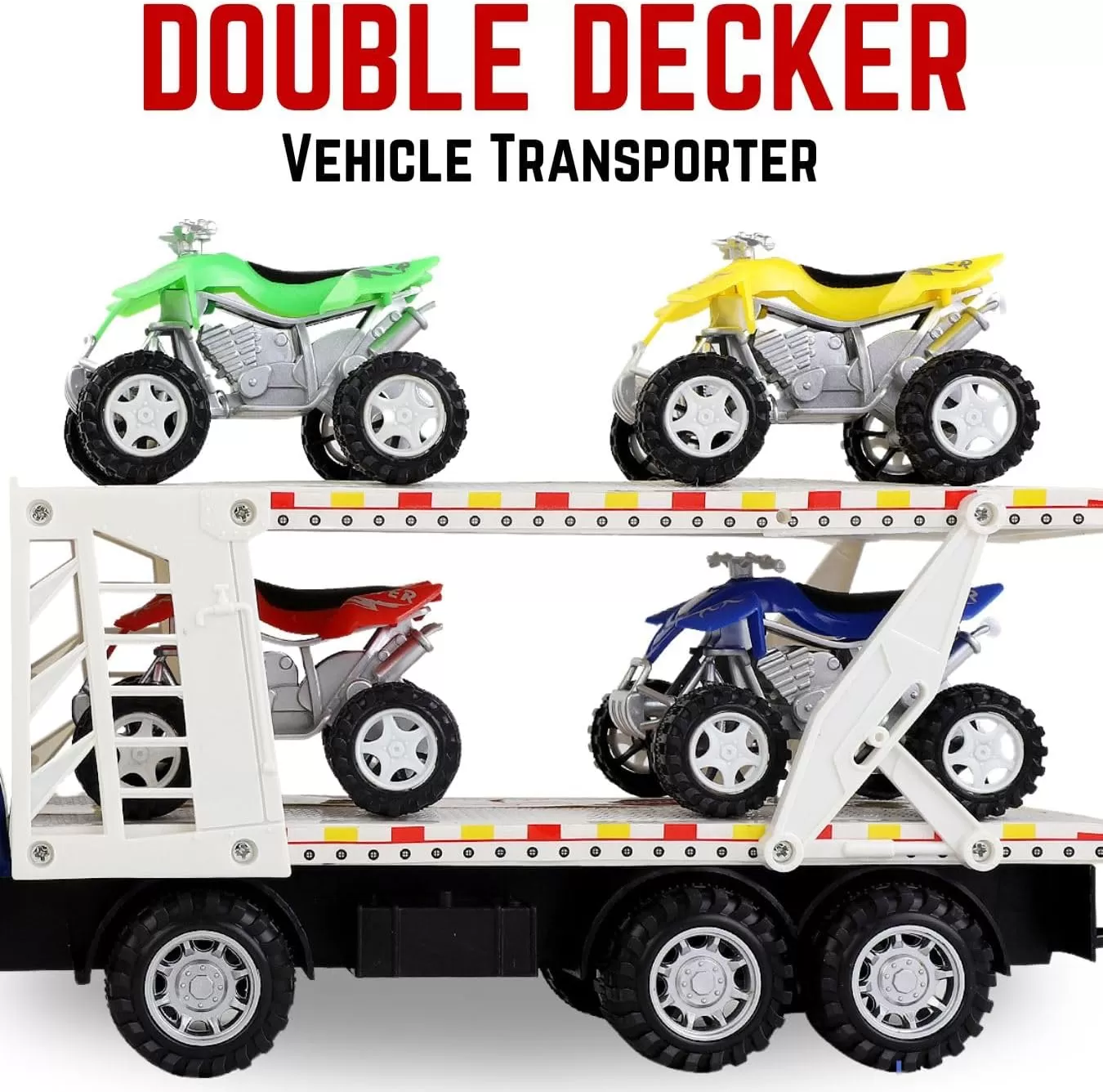 imageAuto Hauler Big Rig Toy Semi Truck Car Carrier Transporter Trailer 148 Scale Friction Powered Wheeler Vehicle with 4 ATVs Dirt Bike Assorted Colors