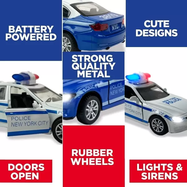 image2 Pack Metal Diecast NY Police Cars Pull Back Battery Powered with LED Headlights and Siren Sounds 132 Scale