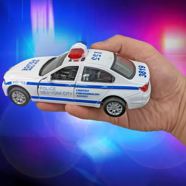 image2 Pack Metal Diecast NY Police Cars Pull Back Battery Powered with LED Headlights and Siren Sounds 132 Scale