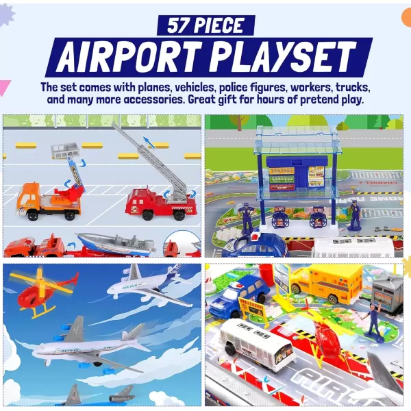 image57 PCS Commercial Airport Playset with Airplane Toys Play Vehicles Fire Trucks Police Cars ampamp Figures and Accessories in Storage Bucket for Kids Imaginative Play