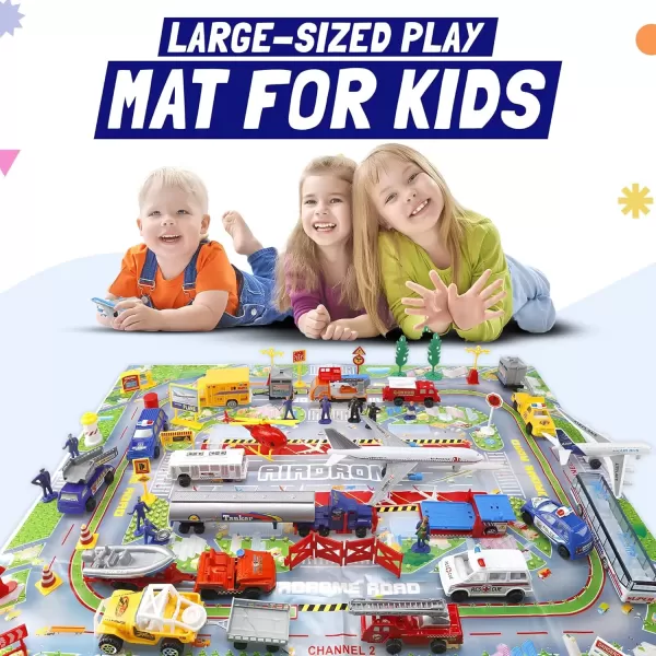 image57 PCS Commercial Airport Playset with Airplane Toys Play Vehicles Fire Trucks Police Cars ampamp Figures and Accessories in Storage Bucket for Kids Imaginative Play