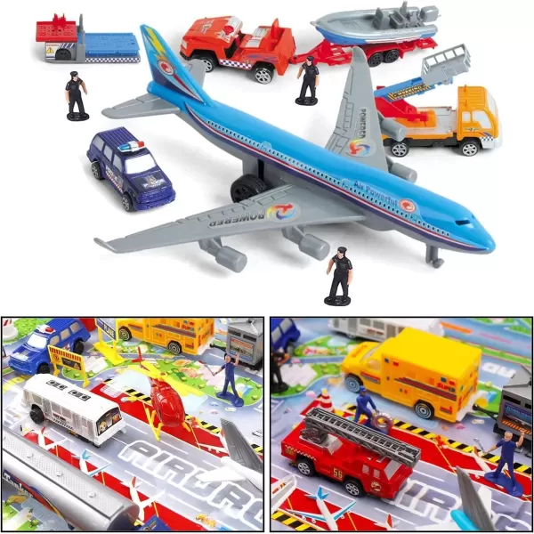image57 PCS Commercial Airport Playset with Airplane Toys Play Vehicles Fire Trucks Police Cars ampamp Figures and Accessories in Storage Bucket for Kids Imaginative Play