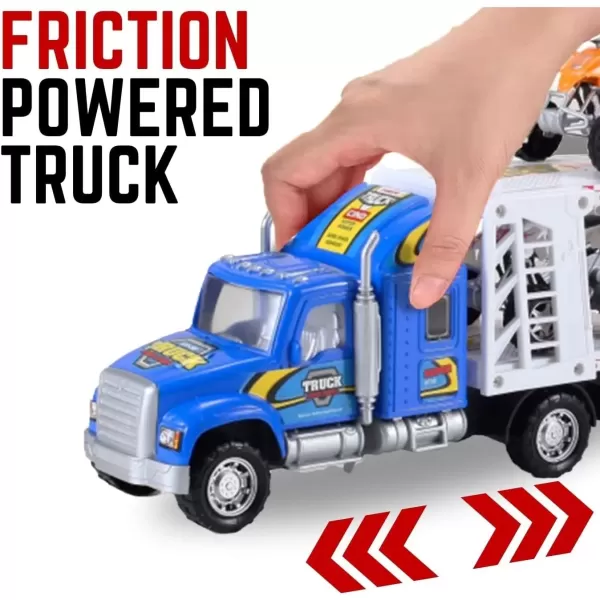imageAuto Hauler Big Rig Toy Semi Truck Car Carrier Transporter Trailer 148 Scale Friction Powered Wheeler Vehicle with 4 ATVs Dirt Bike Assorted Colors