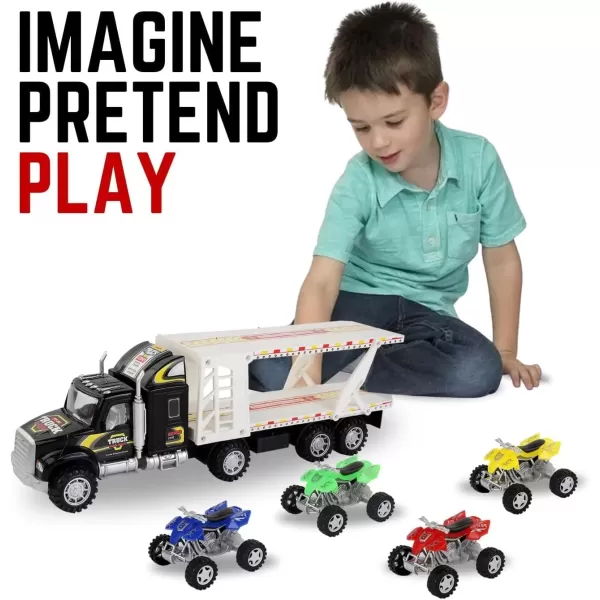 imageAuto Hauler Big Rig Toy Semi Truck Car Carrier Transporter Trailer 148 Scale Friction Powered Wheeler Vehicle with 4 ATVs Dirt Bike Assorted Colors