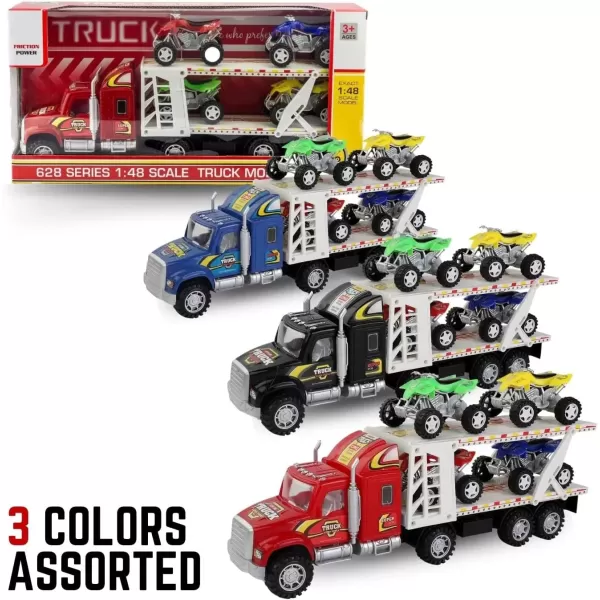 imageAuto Hauler Big Rig Toy Semi Truck Car Carrier Transporter Trailer 148 Scale Friction Powered Wheeler Vehicle with 4 ATVs Dirt Bike Assorted Colors