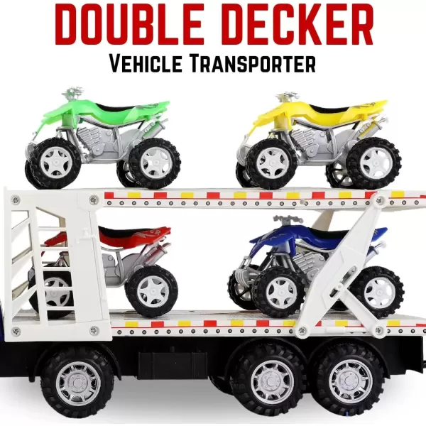 imageAuto Hauler Big Rig Toy Semi Truck Car Carrier Transporter Trailer 148 Scale Friction Powered Wheeler Vehicle with 4 ATVs Dirt Bike Assorted Colors