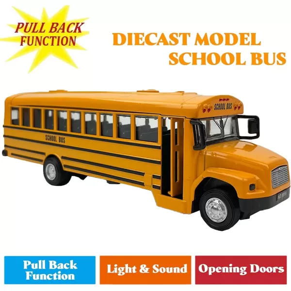 imageDiecast Yellow School Bus Model Toy 8quot Pullback Die Cast Model Vehicle for Kids with Rubber Tires Opening Doors Lights and Sounds