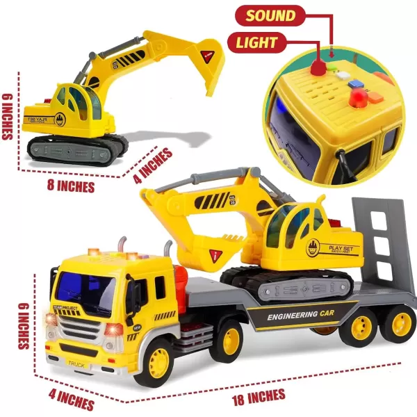 imageLiberty Imports Big Rig Tractor Trailer Low Boy Transport Flat Bed with Excavator Toy Trucks Combo Semi Truck with Lights and Sounds Flatbed Push and Go Construction Vehicle for Kids