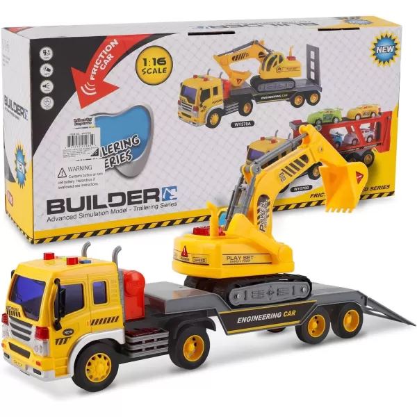imageLiberty Imports Big Rig Tractor Trailer Low Boy Transport Flat Bed with Excavator Toy Trucks Combo Semi Truck with Lights and Sounds Flatbed Push and Go Construction Vehicle for Kids