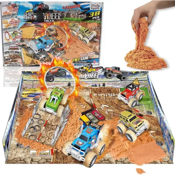 imageLiberty Imports Big Wheel Monster Truck Stunt Stadium Playset with DIY Puzzle Construction Playmat 2 Friction Monster Trucks and Play Dirt 38 Pcs
