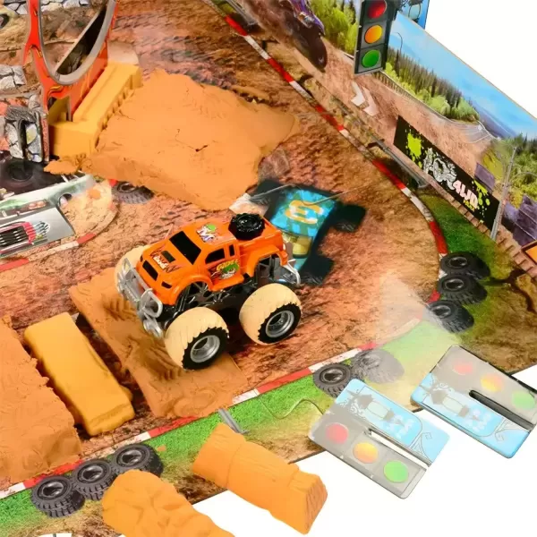 imageLiberty Imports Big Wheel Monster Truck Stunt Stadium Playset with DIY Puzzle Construction Playmat 2 Friction Monster Trucks and Play Dirt 38 Pcs