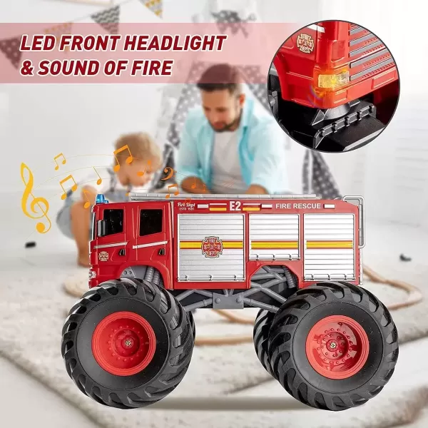 imageRemote Control Monster Truck  118 Scale RC Fire Truck 24GHz Big Wheel School Bus with Lights Sounds Rechargeable Electric Toy Stunt Jam Car for Kids Boys Girls Fire Truck