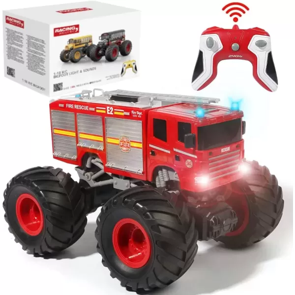 imageRemote Control Monster Truck  118 Scale RC Fire Truck 24GHz Big Wheel School Bus with Lights Sounds Rechargeable Electric Toy Stunt Jam Car for Kids Boys Girls Fire Truck