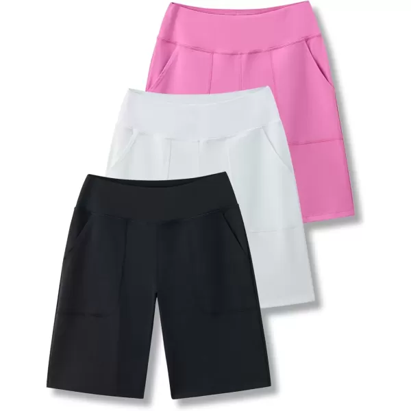 imageLiberty Pro 3 Pack Womens 10quot Athletic Bermuda Shorts with Pockets High Waisted Long Shorts Casual Yoga LoungePinkWhiteBlack