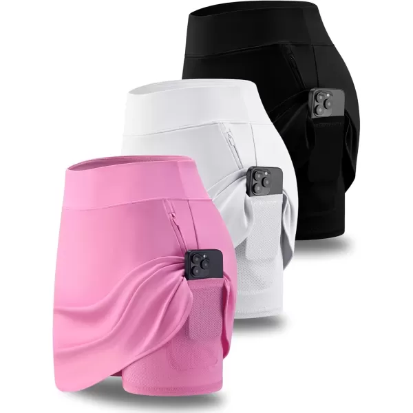 imageLiberty Pro 3 Pack Womens Athletic Skirts with Shorts Underneath Tennis Golf Skorts Tummy Control Pockets for Workout GymBlackWhitePink