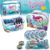 image15 PCS Mermaid Tea Party Set for Little Girls Pretend Tin Teapot Set Princess Tea Time Play Kitchen Toy with Cups Plates and Carrying Case for Birthday Gifts Kids Toddlers