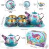 image15 PCS Mermaid Tea Party Set for Little Girls Pretend Tin Teapot Set Princess Tea Time Play Kitchen Toy with Cups Plates and Carrying Case for Birthday Gifts Kids Toddlers