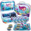 image15 PCS Mermaid Tea Party Set for Little Girls Pretend Tin Teapot Set Princess Tea Time Play Kitchen Toy with Cups Plates and Carrying Case for Birthday Gifts Kids Toddlers