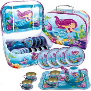 image15 PCS Mermaid Tea Party Set for Little Girls Pretend Tin Teapot Set Princess Tea Time Play Kitchen Toy with Cups Plates and Carrying Case for Birthday Gifts Kids Toddlers