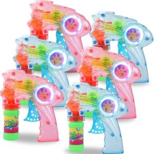 image6 PCS Wind Up Bubble Guns for Kids Light Up LED Bubble Shooters Bubble Blowers with Bottle Solutions Included  Bulk Indoor Outdoor Toys Party Favors Gifts  No Batteries Required