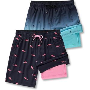 image2 Pack Mens 7quot Swim Trunks with Compression Liner Quick Dry Stretch Board Shorts Bathing Suits SwimwearAquaBlack
