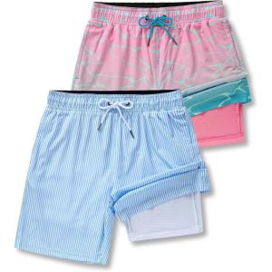 image2 Pack Mens 7quot Swim Trunks with Compression Liner Quick Dry Stretch Board Shorts Bathing Suits SwimwearBlue StripesPastel Wave