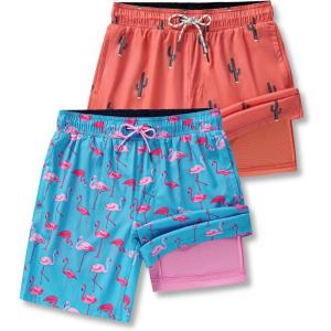 image2 Pack Mens 7quot Swim Trunks with Compression Liner Quick Dry Stretch Board Shorts Bathing Suits SwimwearCoralLight Blue
