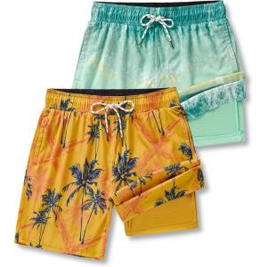 image2 Pack Mens 7quot Swim Trunks with Compression Liner Quick Dry Stretch Board Shorts Bathing Suits SwimwearTropical Prints