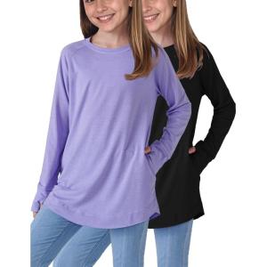 image2Pack Girls Loose Fit Long Sleeve Tunic Tops with Pockets and Thumb Holes Casual T Shirts for Tween KidsBlackLilac