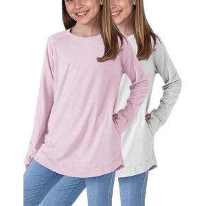 image2Pack Girls Loose Fit Long Sleeve Tunic Tops with Pockets and Thumb Holes Casual T Shirts for Tween KidsLight PinkWhite