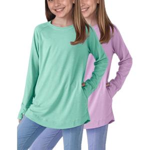 image2Pack Girls Loose Fit Long Sleeve Tunic Tops with Pockets and Thumb Holes Casual T Shirts for Tween KidsMintOrchid