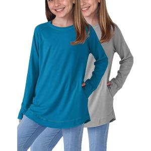 image2Pack Girls Loose Fit Long Sleeve Tunic Tops with Pockets and Thumb Holes Casual T Shirts for Tween KidsTeal BlueGray